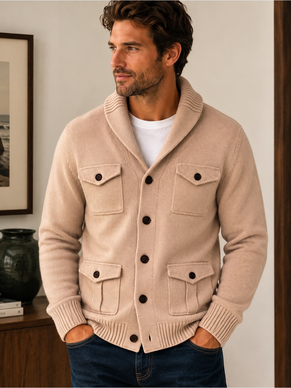 Men's Tan 4 Pocket Heather Shawl Cardigan Sweater